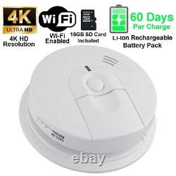 4K HD WIFI Smoke Detector Fire Alarm Spy Camera Hidden Nanny Cam 60 Day Battery