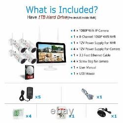 WiFi 12Monitor 8CH Home Wireless 1080P CCTV Camera Security System Outdoor 1TB